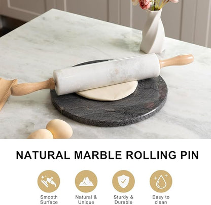 Koville White Marble Rolling Pin With Wooden Handles & Wood Cradle, 18 Inch Polished Marble Rolling Pins For Making Pizza Dough, Dough Roller For Pie Crust, Cookie, Pasta, Ergonomic Handles - Image 4