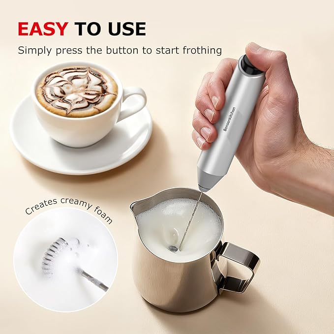 Bonsenkitchen Powerful Milk Frother with Stand for Coffee, Fast Handheld Drink Mixer with Stainless Steel Whisk, Battery Operated Hand Frother Stirrer Wand-Silver - Image 4