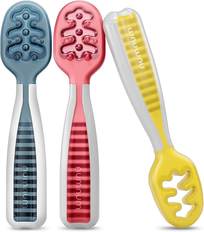 NumNum Baby Spoons Set, Baby Essentials Pre-Spoon GOOtensils for 6+ Months, First Stage Self-Feeding Spoons for Baby Led Weaning (BLW), Silicone Toddler Utensils, BPA-Free, 3 Pack Little Rainbow by NumNum