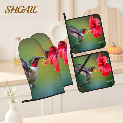 Oven Mitts and Hot Pads Set - Hummingbird Flower Design, Heat Resistant Cute Pot Holders for Kitchen, Baking Gifts for Women