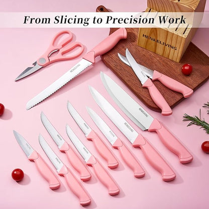 Knife Set, 14-Piece Kitchen Knives Set with Block, Built-in Sharpener, German High Carbon Stainless Steel, Ergonomic Non-Slip Handles, Peach Pink - Image 4