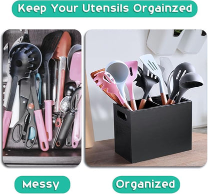 ALELION Black Utensil Holder for Kitchen Counter - 2 Compartment Large Utensil Caddy Organizer for Countertop - Kitchen Tool Holder for Spatula Ladles - Image 4
