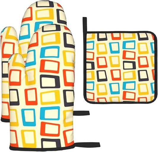 Mid Century Modern Oven Mitts and Pot Holders Sets of 3 Retro Heat Resistant Non Slip BBQ Gloves for Cooking Grilling Baking Kitchen Decor by Unknown