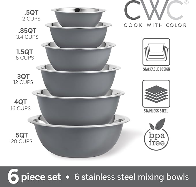COOK WITH COLOR Stainless Steel Mixing Bowls Set - Nesting Bowls, 6 Pieces, Grey - Image 2