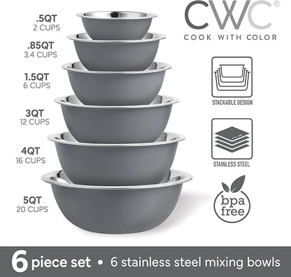 COOK WITH COLOR Stainless Steel Mixing Bowls Set - Nesting Bowls, 6 Pieces, Grey - Image 2