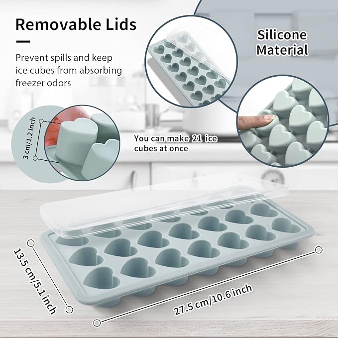 Heart Shape Ice Cube Tray, 21 Holes Silicone Ice Cube Mold with Removable Lid Flexible for Whiskey Cocktail Chocolate (Gray) - Image 2