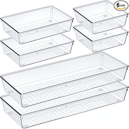 Criusia 6 Pcs Large Size Clear Drawer Organizer Set, Acrylic Non Slip Non Cracking Kitchen Drawer Storage Tray Divider, Multifunctional Storage for Cosmetics, Bathroom, Tools, Kitchen and Office by Criusia