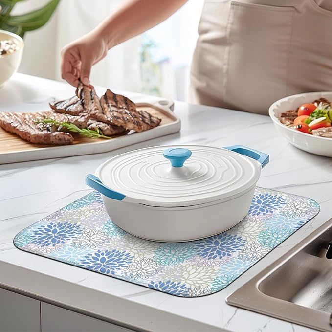 Dish Drying Mat Drainer Pads - Extra Large Microfiber Drying Mats for Dishes Kitchen Counter Super Absorbent Pads for Draining Racks (Blue,16"x18" )