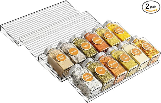 Yieach 4 Pack Adjustable In Drawer Spice Organizer - Expandable From 11'' to 22'' - Acrylic Drawer Seasoning Organizer,Clear Spice Organization Tray for Cabinet Drawers Condiment,Nail Polish and Jar