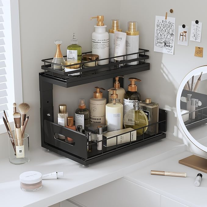 Under Sink Organizer Upgrade To Professional Rails,2-Tier Dual Pull Out Cabinet Storage,Height Adjustable Slide Out Drawers For Bathroom Kitchen,2 Pack-14.5"Dx12.8"-16.9"H,Black - Image 9