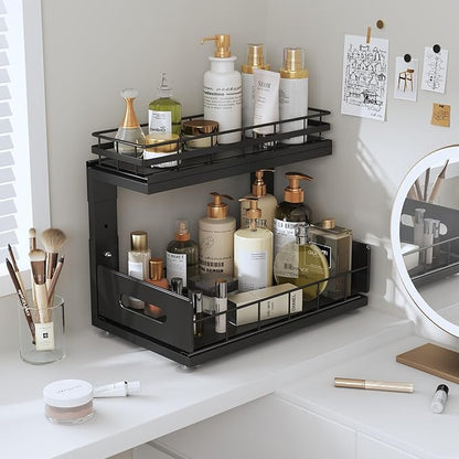 Under Sink Organizer Upgrade To Professional Rails,2-Tier Dual Pull Out Cabinet Storage,Height Adjustable Slide Out Drawers For Bathroom Kitchen,2 Pack-14.5"Dx12.8"-16.9"H,Black - Image 9