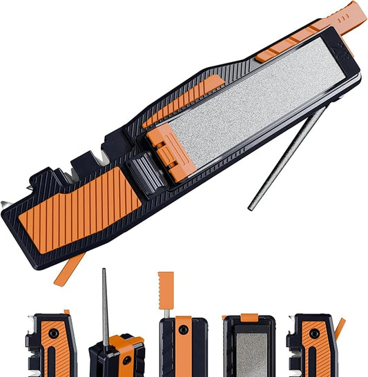 Orange Ninja Pocket Field Knife Sharpener – 8-in-1 Camping & Hunting EDC Knife Sharpener with Guided Diamond Whetstones, Leather Strop, Fire Starter & Diamond Rod