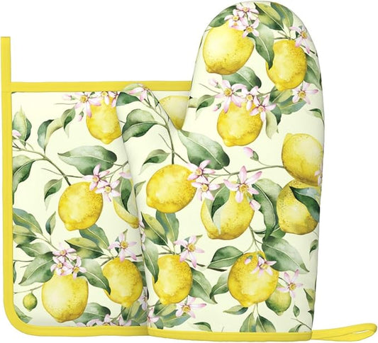 Lemon Silicone Oven Mitts Pan Mats Set of 2, Heat Resistant Gloves Potholder with Non-Slip Grips Hanging Loops Pot Holder, Spring Summer for Chef Cooking, Baking, Grilling, BBQ
