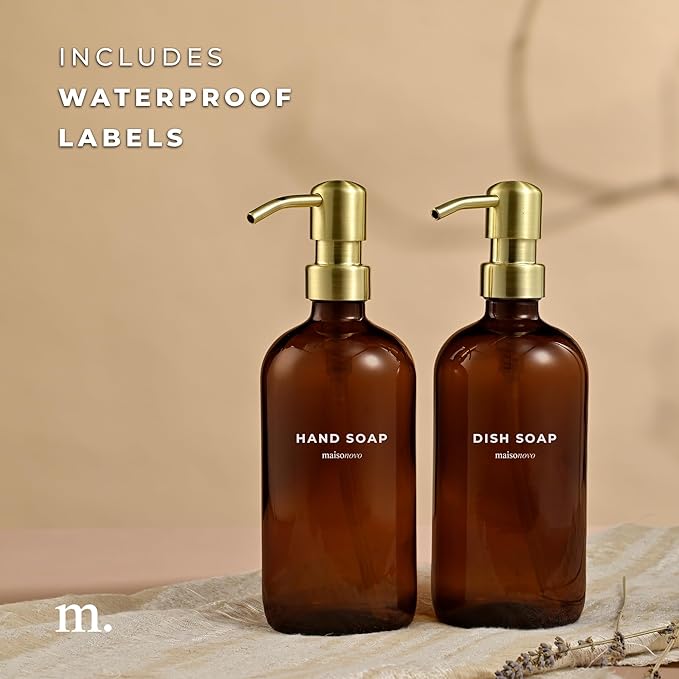 MaisoNovo Soap Dispenser 2-Piece Set | 16.9oz Amber Bottles with Gold Stainless Steel Pump Core