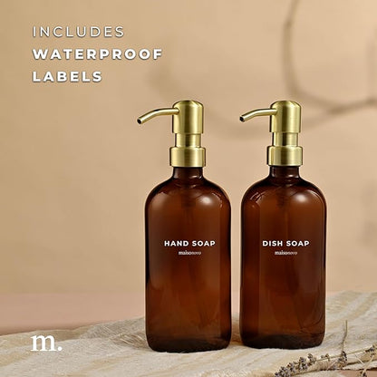 MaisoNovo Soap Dispenser 2-Piece Set | 16.9oz Amber Bottles with Gold Stainless Steel Pump Core