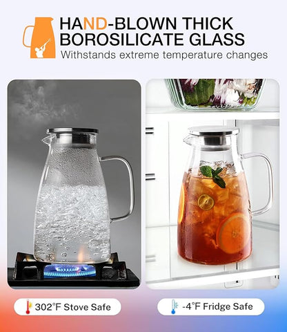 LUNA & MANTHA 2 Liter 68oz Water Pitcher with Handle and Spout, Glass Pitcher with Lid for Fridge, Borosilicate Glass for Sangria, Iced Tea, Juice, Cold/Hot Beverage, Large Jug with 2 Silicone Rings - Image 4