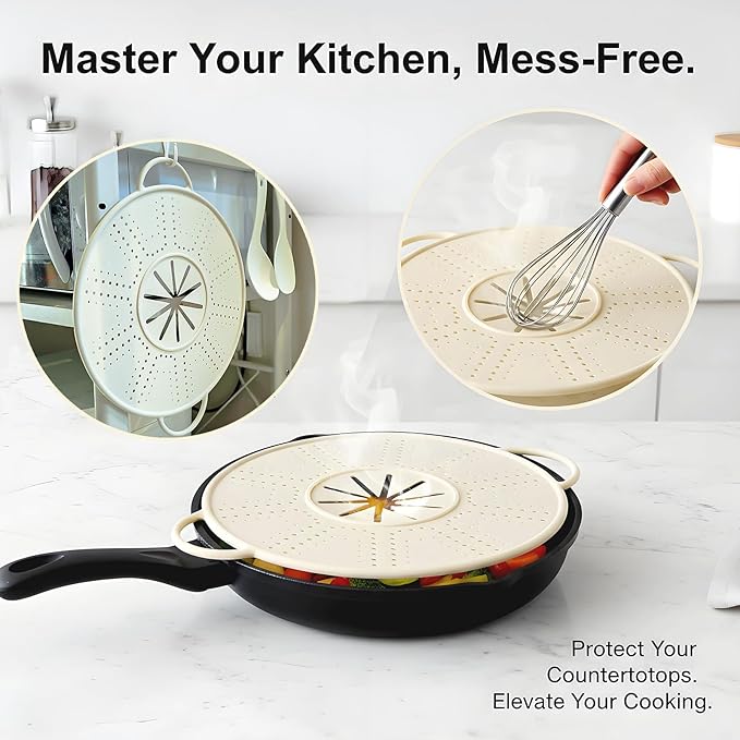 Silicone Splatter Screen for Frying Pans, Oil Splash Guard Cover with Strainer Holes & Heat Resistant Mat, Fits Most Stovetop Pans Non-Fold Lid - Image 5