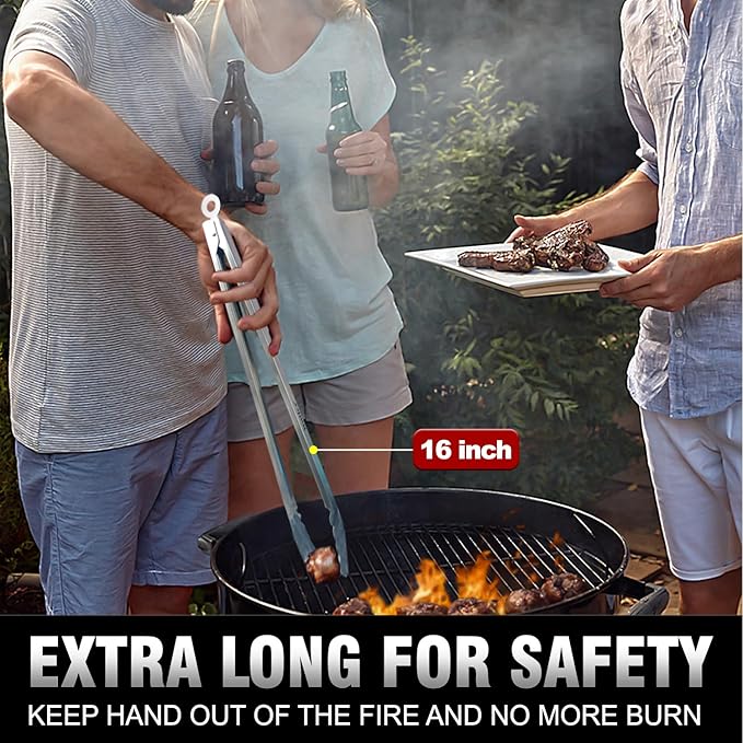 Tong for cooking, Walfos kitchen tongs set of 2 - Heat Resistant 600℉, Heavy Duty Locking Metal cooking Tongs, Stainless Steel BBQ Grilling,(All Metal 12in+16in) - Image 4