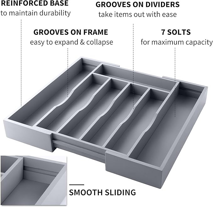 Expandable Bamboo Kitchen Drawer Organizer for Cutlery and Utensils, Adjustable Bamboo Wood Cutlery Tray in Drawer for Flatware and Silverware in Kitchen, (Grey) - Image 3