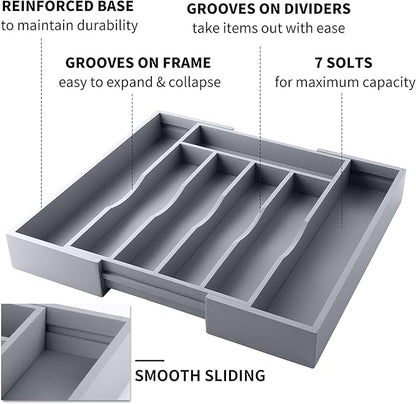 Expandable Bamboo Kitchen Drawer Organizer for Cutlery and Utensils, Adjustable Bamboo Wood Cutlery Tray in Drawer for Flatware and Silverware in Kitchen, (Grey) - Image 3