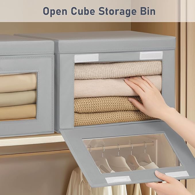 DIMJ Storage Bins with Lids - 8 Pack Large Fabric Closet Organizer with Window & Handles, Collapsible Decorative Storage Boxes for Shelves Under Bed, Books Clothes Blankets Sweaters Organization - Image 2