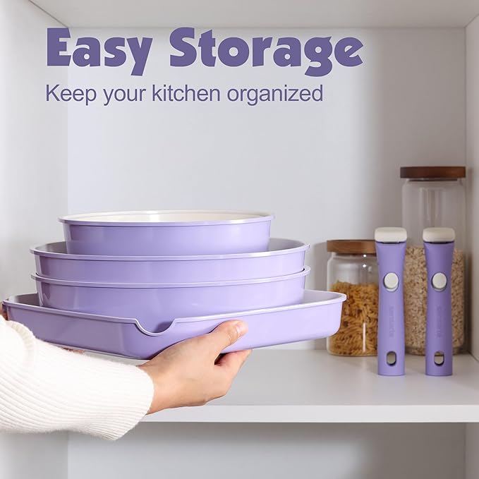 SENSARTE 17 Piece Ceramic Pots and Pans Set, Nonstick Detachable Handle Cookware, Induction Kitchen Cookware Set with Removable Handle, Dishwasher ＆ Oven Safe (Purple) - Image 3