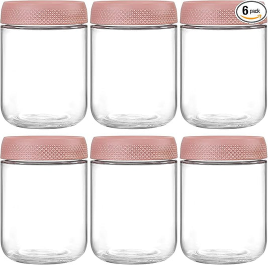NETANY 6-pack 16oz Glass jars with Airtight Lids, Overnight Oats Containers with Lids, Wide mouth Mason Salad jars, Glass Food Storage Containers for Snacks Yogurt Spice Sugar-Pink by NETANY