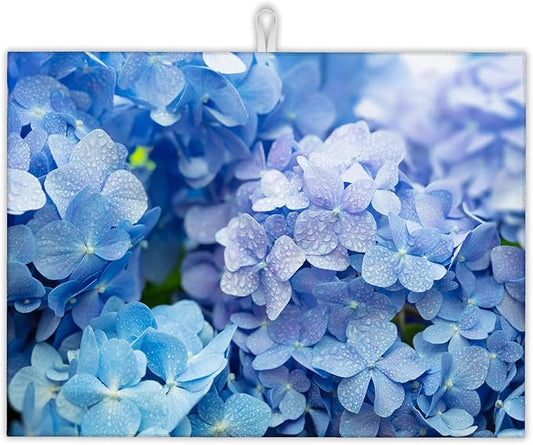 Blue Hydrangea Flower Dish Drying Mats 18x24 Inch, Dish Pad Drying Rack Mat for Kitchen Counter Ultra Absorbent Microfiber Dishware Coffee Maker Bar Countertop Decor