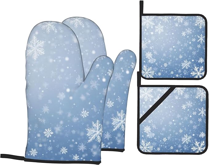 Winter Snowflakes Oven Mitts and Heat Resistant Pads - Heat Resistant Gloves Potholder Set of 4 for Cooking, BBQ, Gifts for Women