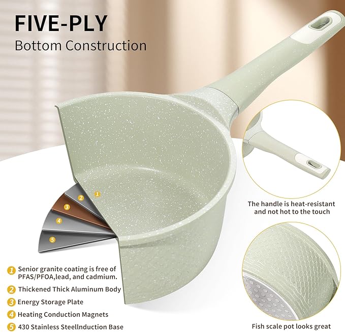 Sauce pan 2.0Qt SaucePan with Lid, Non Stick Sauce Pot for Cooking, Easy to Clean, Cooking all stovetop 100% Free PFOA PFAS - Green Granite - Image 3