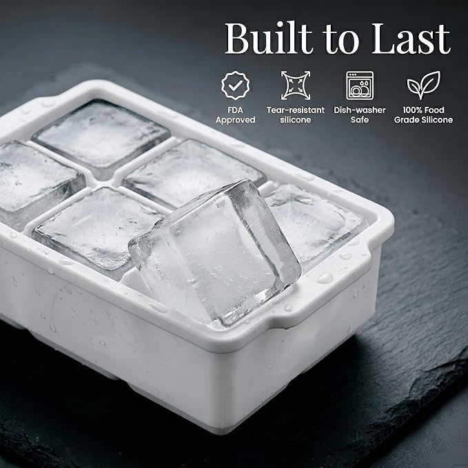 KitchFort Large Silicone Ice Cube Tray (2-Pack), Easy Release 2" Big Ice Cubes - Cocktail, Whiskey Ice Cubes Mold - Ice Trays for Freezer with Lid - Stackable Silicone Ice Tray - White - Image 2