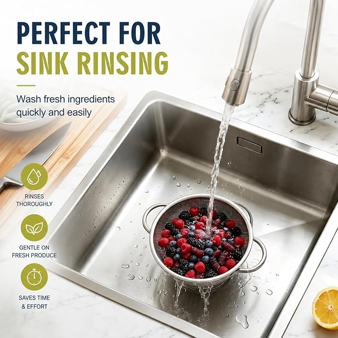 Palksky Small Colander Set of 2, 800 mL / 0.85 Qt Stainless Steel Mini Colanders with Riveted Handles, Footed Base & Micro-Perforations, Metal Kitchen Strainers for Berries, Fruits, Vegetables & Pasta