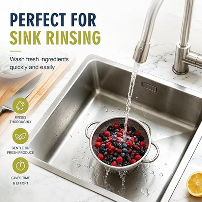 Palksky Small Colander Set of 2, 800 mL / 0.85 Qt Stainless Steel Mini Colanders with Riveted Handles, Footed Base & Micro-Perforations, Metal Kitchen Strainers for Berries, Fruits, Vegetables & Pasta