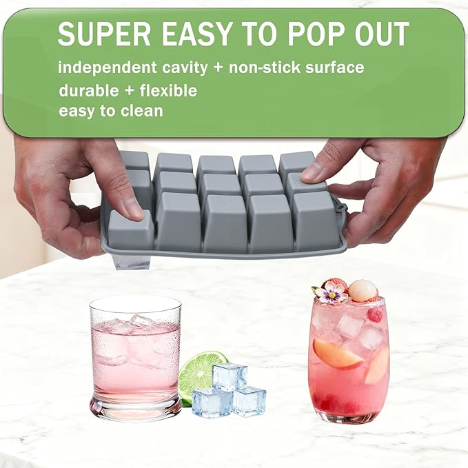 Ice Cube Trays for Freezer, 2 Pack Easy Release Slicone Ice Cube Tray with Lid, BPA Free Stackable Flexible Ice Molds 15 Square Reusable Ice Cubes for Whiskey, Baby Food, Iced Coffee (Grey) - Image 3