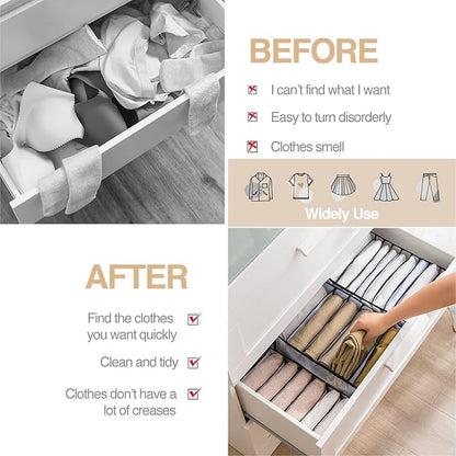 Wardrobe Clothes Organizer, 7 Grids Washable Portable Closet Organizer Mesh Separation Storage Box Foldable Closet Drawer Organizer for Underwear, Socks, Scarves, Jeans (Grey, 2 Jeans Grid)