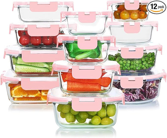 KOMUEE 24 Pieces Glass Food Storage Containers Set, Meal Prep Containers, BPA-Free Airtight Glass Storage Containers with lids,Freezer, Microwave and Oven Safe,Pink