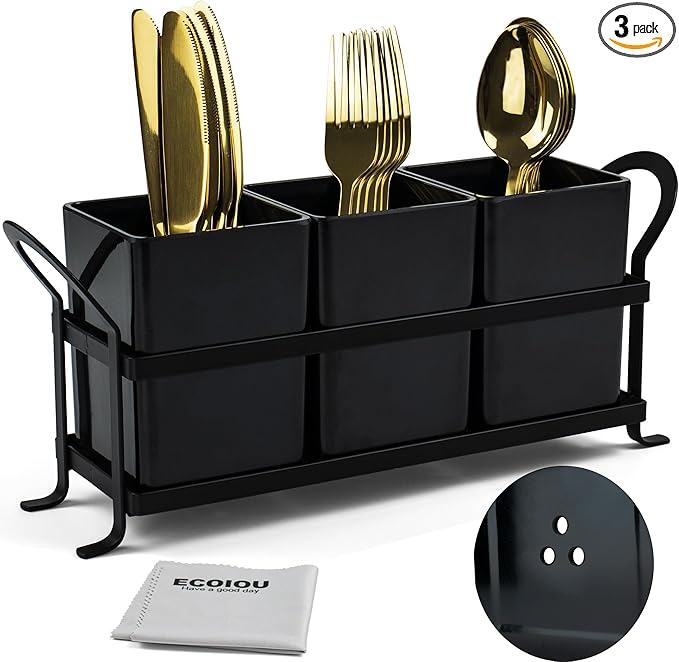ECOIOU Cutlery Holder with Drain Holes, Dishwasher Safe Silverware Caddy for Party, Kitchen Counter, 3pcs Bins Set Countertop Utensil Holder for Spoons, Forks and Knives, Black by Ecoiou