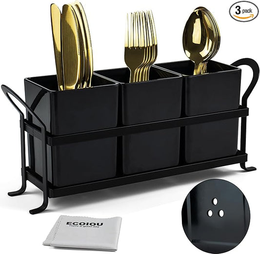 ECOIOU Cutlery Holder with Drain Holes, Dishwasher Safe Silverware Caddy for Party, Kitchen Counter, 3pcs Bins Set Countertop Utensil Holder for Spoons, Forks and Knives, Black by Ecoiou