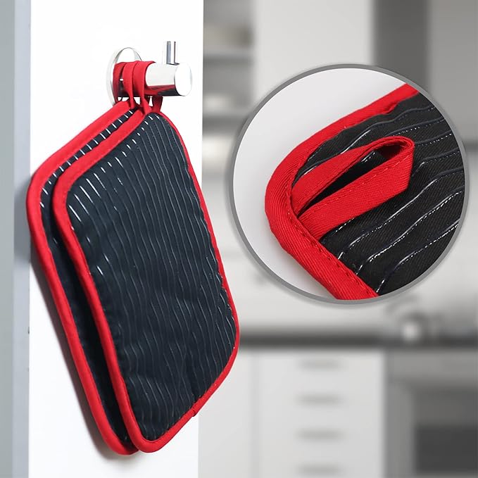 Hot Pads for Kitchen, Potholders for Kitchen Heat Resistant, Heavy Duty Pot Holders with Pockets Non Slip, Pure Cotton and Terrycloth Lining Pot Holders Set of 2, Black - Image 2