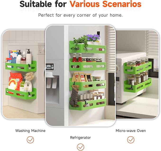 Sevenblue 4 Pack Strong Magnetic Spice Rack for Refrigerator, Multipurpose Magnetic Shelf for Fridge with 4 Hooks for kitchen and Bathroom Organization, Green - Image 6