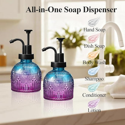 SheeChung Vintage Soap Dispenser, Kitchen Dish Soap Dispensers with Pump Mat, Glass Hand Soap Dispenser for Bathroom, Liquid, Lotion, Refillable, Rustic Farmhouse Decor-Purple Blue (Black Pump, 1 pk)