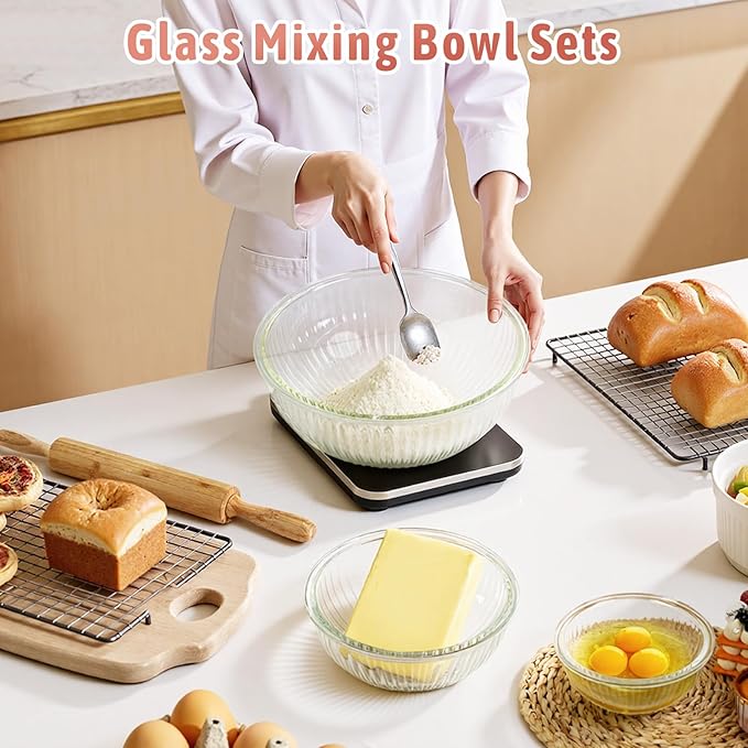 Glass Mixing Bowls with Lids Sets, 5 Packs Glass Bowls with Lids for Kitchen Baking, Meal Prepping and Salad, Bpa Free and Dishwasher Safe Serving Bowls, 0.2/0.5/1.1/2.1/3.7Qt - Image 3