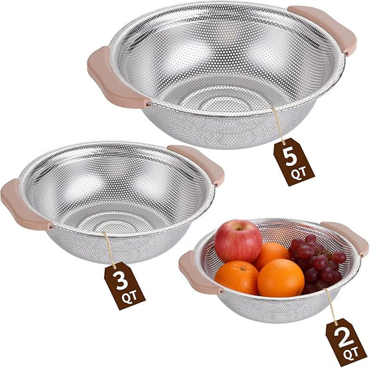 Colander Set with Plastic Handles, Stainless Steel Micro-Perforated Colanders Strainers for Draining Rinsing Washing, Ideal for Pasta Vegetables Fruits, Heavy Duty & Dishwasher Safe by HomeGood4Less
