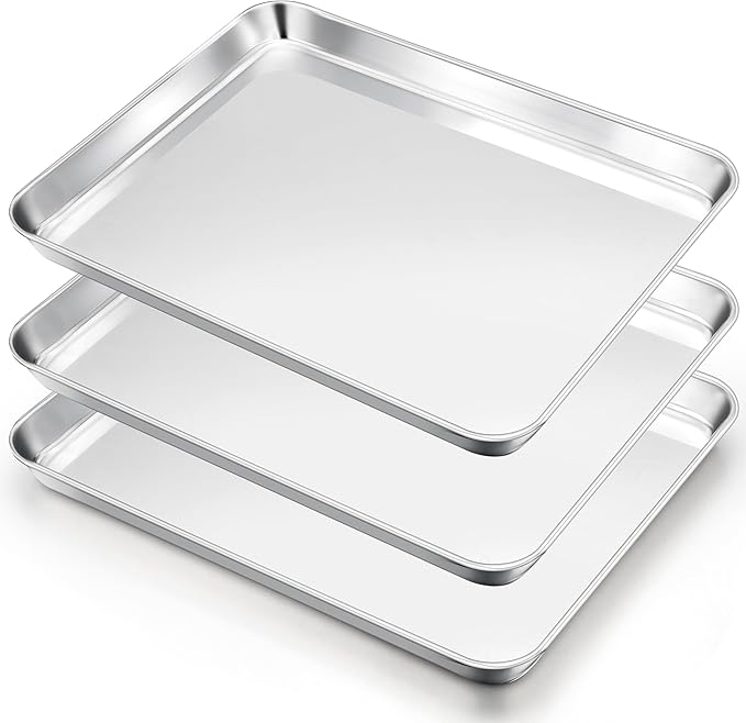 E-far Cookie Sheets Set of 3, 18”x13” Stainless Steel Baking Sheet Pans for Oven, Large Non Toxic Metal Baking Tray for Baking Roasting, Healthy & Rust Free, Mirror Finish & Dishwasher Safe by E-far