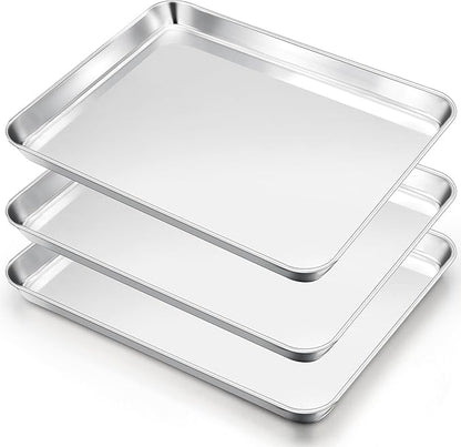 E-far Cookie Sheets Set of 3, 18”x13” Stainless Steel Baking Sheet Pans for Oven, Large Non Toxic Metal Baking Tray for Baking Roasting, Healthy & Rust Free, Mirror Finish & Dishwasher Safe by E-far