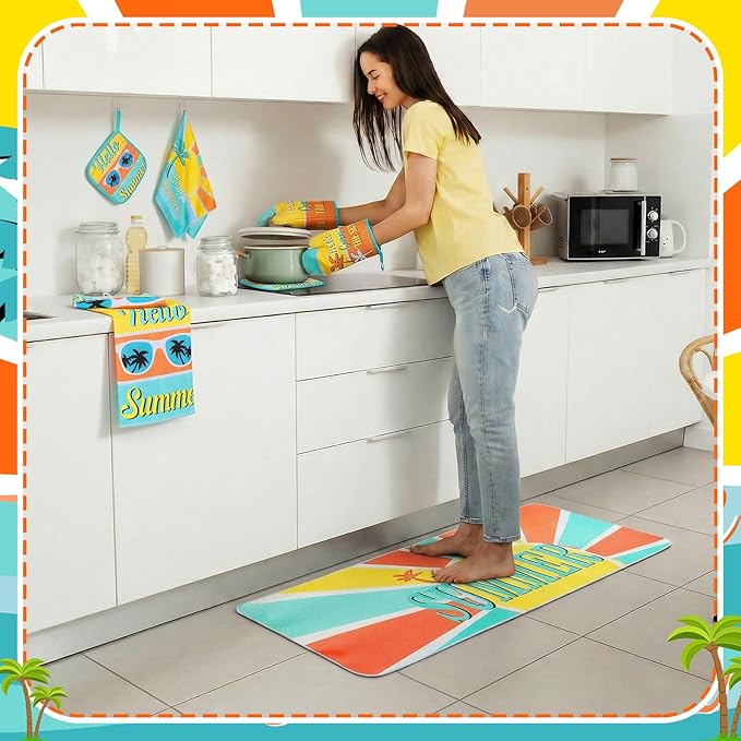Fourluoo 10 Pcs Hello Summer Kitchen Decor and Accessories Sunshine Beach Oven Mitts and Pot Holders Set Sunglass Dish Towels Boho Kitchen Decor Palm Gloves for Baking Cooking Grilling BBQ Women Gift