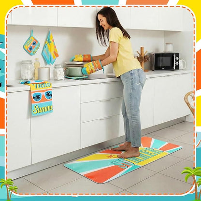 Fourluoo 10 Pcs Hello Summer Kitchen Decor and Accessories Sunshine Beach Oven Mitts and Pot Holders Set Sunglass Dish Towels Boho Kitchen Decor Palm Gloves for Baking Cooking Grilling BBQ Women Gift