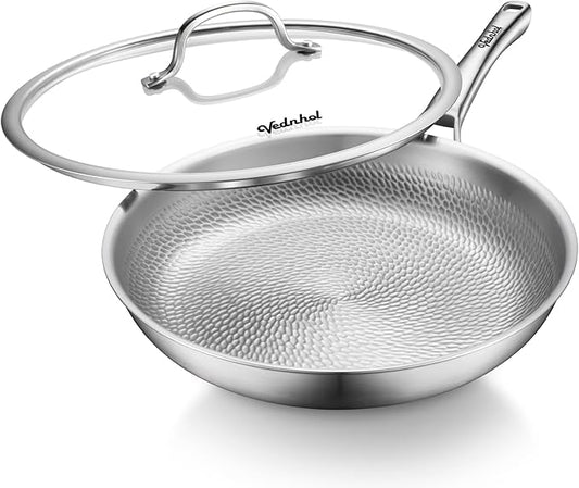 Titanium Pans for Cooking, 12 Inch Pure Titanium Hammered Pro frying pan with Lid, Non-Toxic Skillet for Cooking, PFAS/PFOA/PTFE Free Cookware, Dishwasher&Oven Safe, Kitchen Induction Compatible