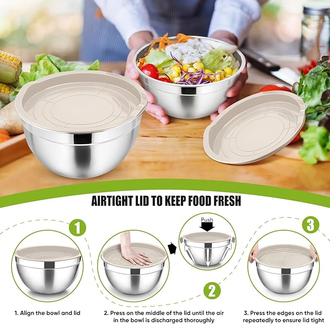 P&P CHEF Khaki Mixing Bowls with Lids, Set of 3, Stainless Steel Salad Nesting Bowl for Mixing, Storing, Prepping, Airtight & Stackable, Size 4.6/3 /1.5 QT - Image 7