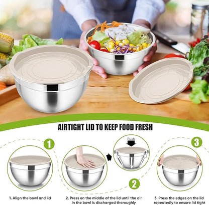 P&P CHEF Khaki Mixing Bowls with Lids, Set of 3, Stainless Steel Salad Nesting Bowl for Mixing, Storing, Prepping, Airtight & Stackable, Size 4.6/3 /1.5 QT - Image 7